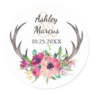 Rustic Antlers Boho Floral Allure Wedding Classic Round Sticker