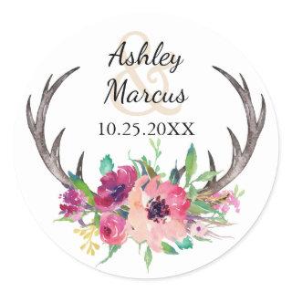 Rustic Antlers Boho Floral Allure Wedding Classic Round Sticker