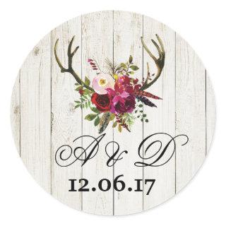 Rustic Antlers Wood Floral Wedding Stickers Label
