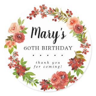 Rustic Autumn Floral 60th Birthday Thank You Classic Round Sticker