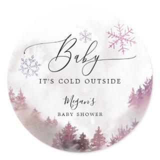 Rustic Baby It's Cold Outside Pink Baby Shower Classic Round Sticker