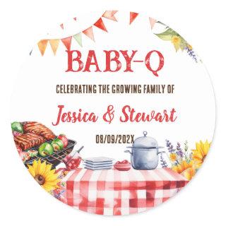 Rustic BABY-Q Barbecue Picnic Sunflower Plaid Classic Round Sticker