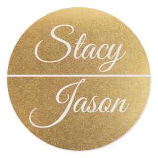 Rustic Barn Wood & Lace Gold Wedding Classic Round Sticker