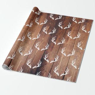 Rustic Barn Wood Planks & White Deer Antlers