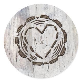 Rustic Barn Wood Tree Stump Heart Wedding Favor Classic Round Sticker