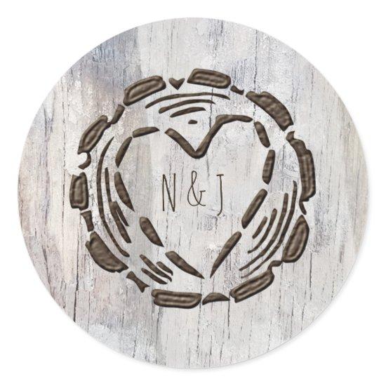 Rustic Barn Wood Tree Stump Heart Wedding Favor Classic Round Sticker