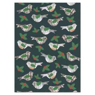 Rustic Birch Bark Birds Red Holly Berry Christmas Tissue Paper