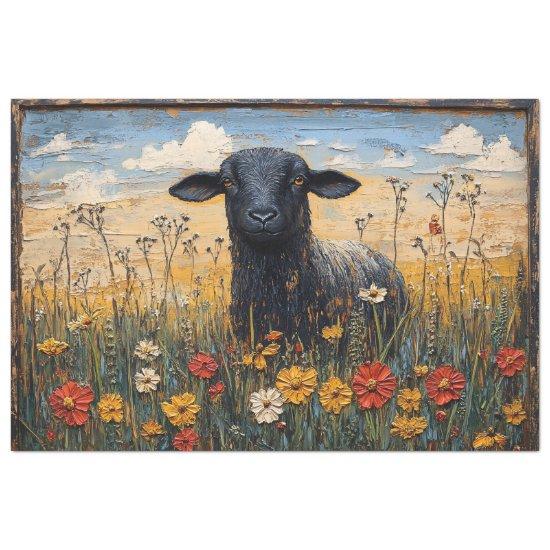 Rustic Black Lamb with Wildflowers Art Decoupage Tissue Paper