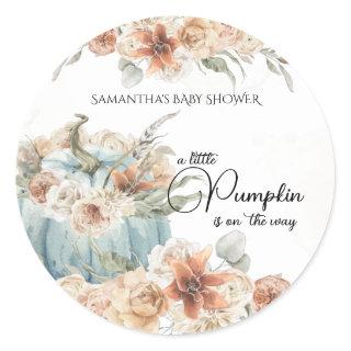 Rustic Blue Pumpkin Fall Floral Baby Shower Classic Round Sticker