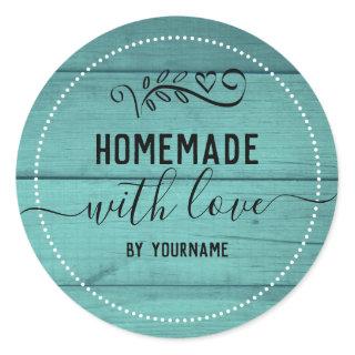 Rustic Blue Wood Homemade Love Business Classic Round Sticker