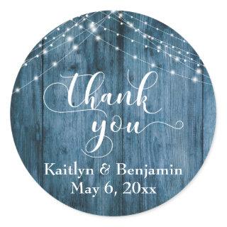 Rustic Blue Wood & White Light Strings Thank You Classic Round Sticker