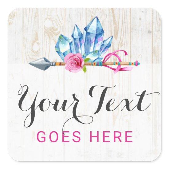 Rustic Bohemian Crystal Gems & Arrow Watercolor Square Sticker