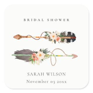Rustic Boho Feather Floral Arrow Bridal Shower  Square Sticker