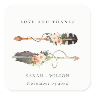 Rustic Boho Feather Floral Arrow Wedding Thanks Square Sticker