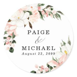 Rustic Boho Pink White Floral Wedding Classic Round Sticker