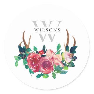 Rustic Boho Red Floral Stag Antlers Monogram Classic Round Sticker