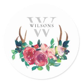 Rustic Boho Red Floral Stag Antlers Monogram Classic Round Sticker