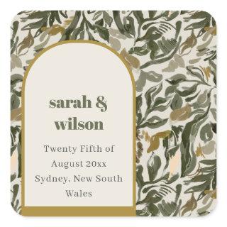 Rustic Boho Retro Arch Green Botanical Wedding Square Sticker