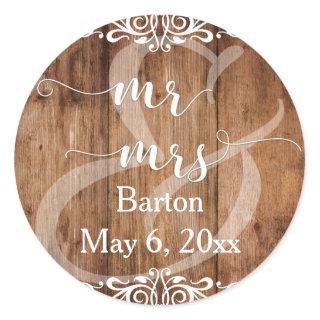 Rustic Brown Wood w/ Lace-Like Scrollwork Mr & Mrs Classic Round Sticker