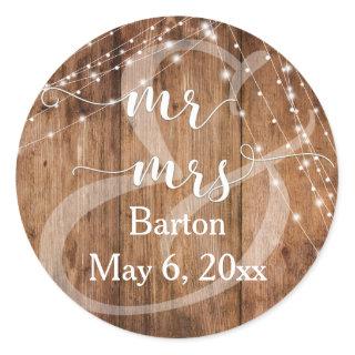 Rustic Brown Wood, White Light Strings Mr & Mrs Classic Round Sticker