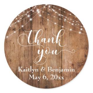 Rustic Brown Wood & White Light Strings, Thank You Classic Round Sticker