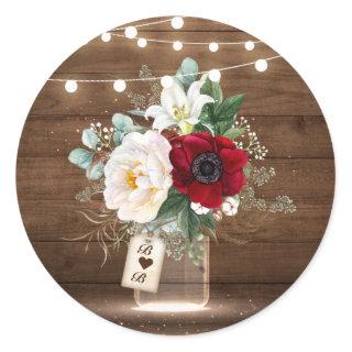 Rustic Burgundy Floral Mason Jar Wedding Envelope Classic Round Sticker