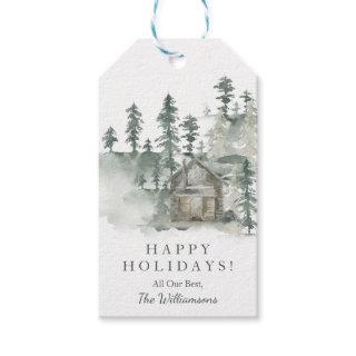 Rustic Cabin Watercolor Forest Green Personalized  Gift Tags