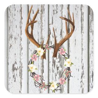 Rustic Cabin Wreath of Flowers on Antlers Design Square Sticker
