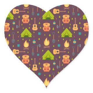 Rustic Camping Pattern Tents and Guitars Heart Sticker