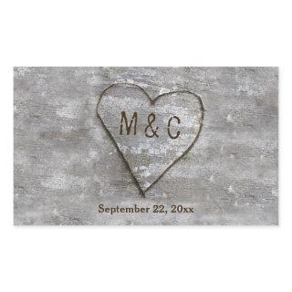Rustic Carved Birch Heart Monogram Rectangular Sticker