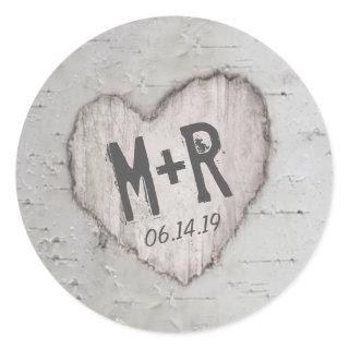 Rustic Carved Heart Initials Birch Tree Wedding Classic Round Sticker