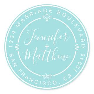 Rustic Chic Monogram Names Return Address Blue Classic Round Sticker