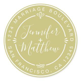 Rustic Chic Monogram Names Return Address Green Classic Round Sticker