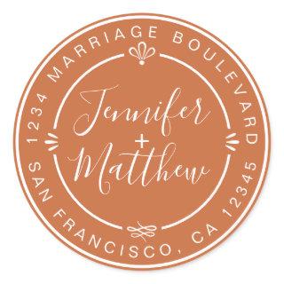 Rustic Chic Monogram Return Address Burnt Orange Classic Round Sticker