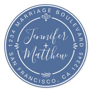 Rustic Chic Names Return Address Classic Blue Classic Round Sticker