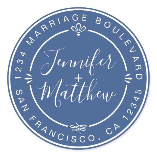 Rustic Chic Names Return Address Classic Blue Classic Round Sticker