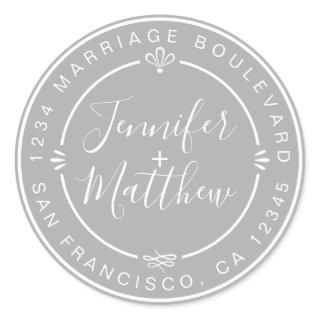 Rustic Chic Wedding Monogram Return Address Gray Classic Round Sticker
