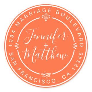 Rustic Chic Wedding Monogram Return Address Orange Classic Round Sticker