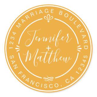 Rustic Chic Wedding Monogram Return Address Yellow Classic Round Sticker