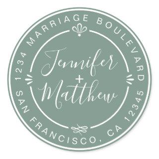 Rustic Chic Wedding Return Address Dusty Green Classic Round Sticker