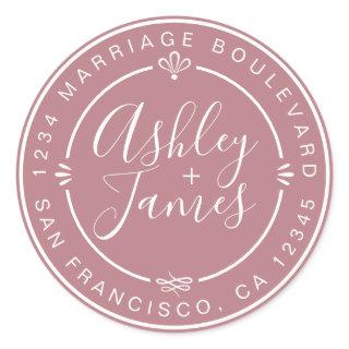 Rustic Chic Wedding Return Address Dusty Rose Classic Round Sticker
