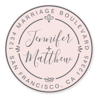Rustic Chic Wedding Return Address Pastel Pink Classic Round Sticker