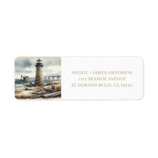 Rustic Coastal Lighthouse Seaside Beach Wedding Label