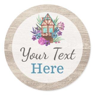 Rustic Cottage Chic Floral Cabin Watercolor Wood Classic Round Sticker