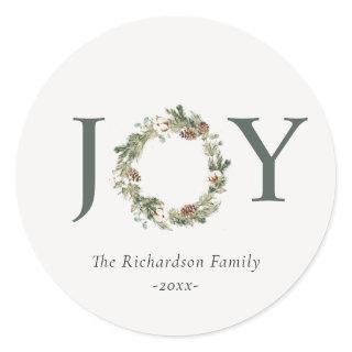Rustic Cotton Pine Joy Merriest Christmas Wreath  Classic Round Sticker