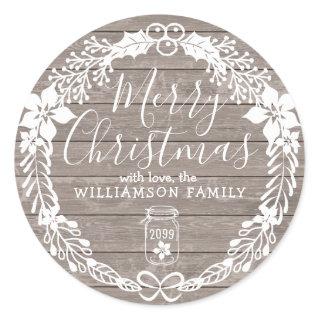 Rustic Country Merry Christmas White Holly Wreath Classic Round Sticker