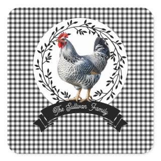 Rustic Country Rooster Chicken BW Gingham Checks Square Sticker
