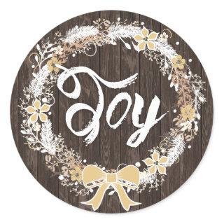 Rustic Country Wood Christmas Joy Wreath Elegant Classic Round Sticker