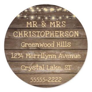 Rustic Country Wood & String Lights Return Address Classic Round Sticker