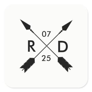 Rustic Crossed Arrow | Custom Wedding Date Square Sticker